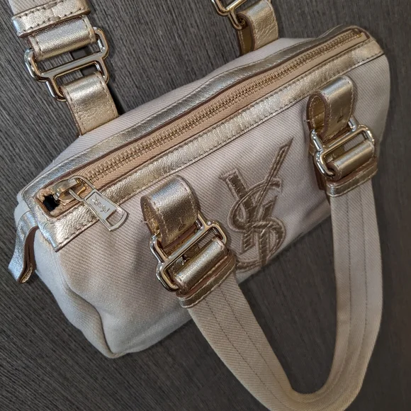 YSL: Metallic Mini Boston Kahala Canvas Leather Tote Shoulder Bag - Picture 13 of 16